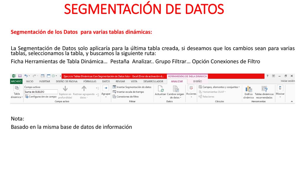 SEGMENTACIÓN DE DATOS Segmentación de los Datos para varias tablas dinámicas:
