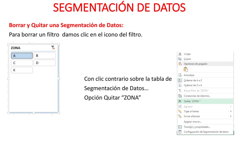 SEGMENTACIÓN DE DATOS Borrar y Quitar una Segmentación de Datos: