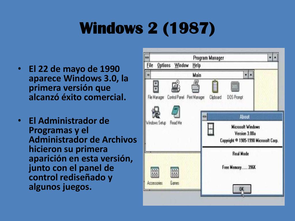 Windows 2 (1987) El 22 de mayo de 1990 aparece Windows 3.0, la primera versión que alcanzó éxito comercial.