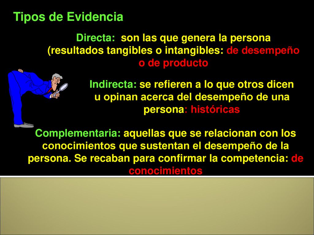 Tipos de Evidencia Directa: son las que genera la persona