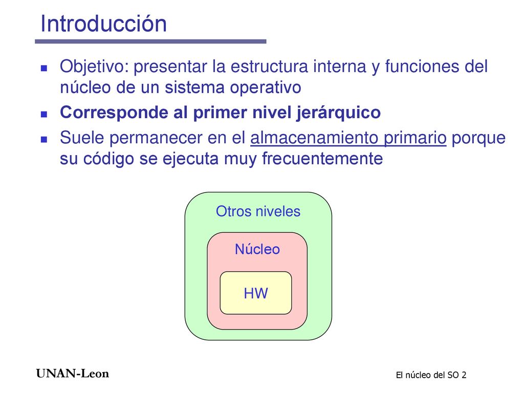 Introducción Objetivo: presentar la estructura interna y funciones del núcleo de un sistema operativo.