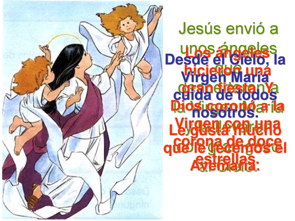 Jesús envió a unos ángeles que despertaron a la Virgen María y la llevaron con gran gozo al Cielo.