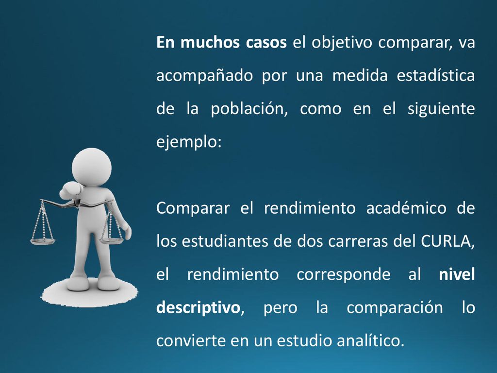 En muchos casos el objetivo comparar, va acompañado por una medida estadística de la población, como en el siguiente ejemplo: