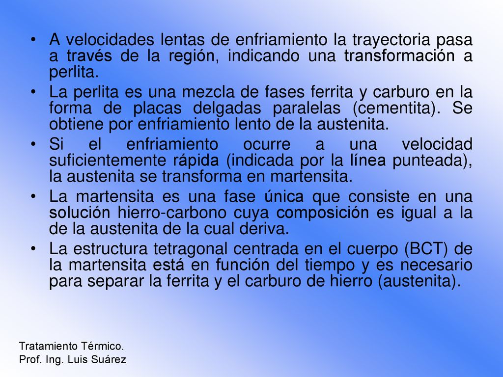 A velocidades lentas de enfriamiento la trayectoria pasa a través de la región, indicando una transformación a perlita.