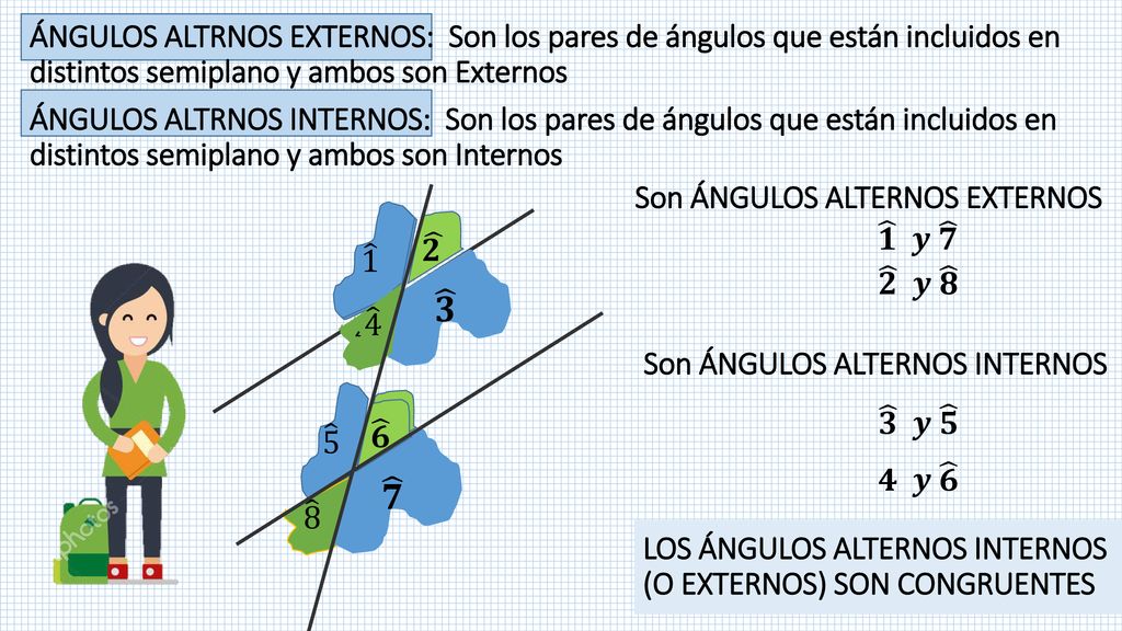 ÁNGULOS ALTRNOS EXTERNOS: Son los pares de ángulos que están incluidos en distintos semiplano y ambos son Externos