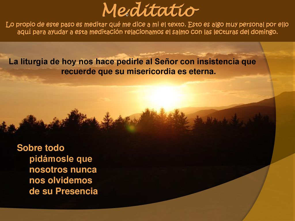 Mecditatio Lo propio de este paso es meditar qué me dice a mi el texto