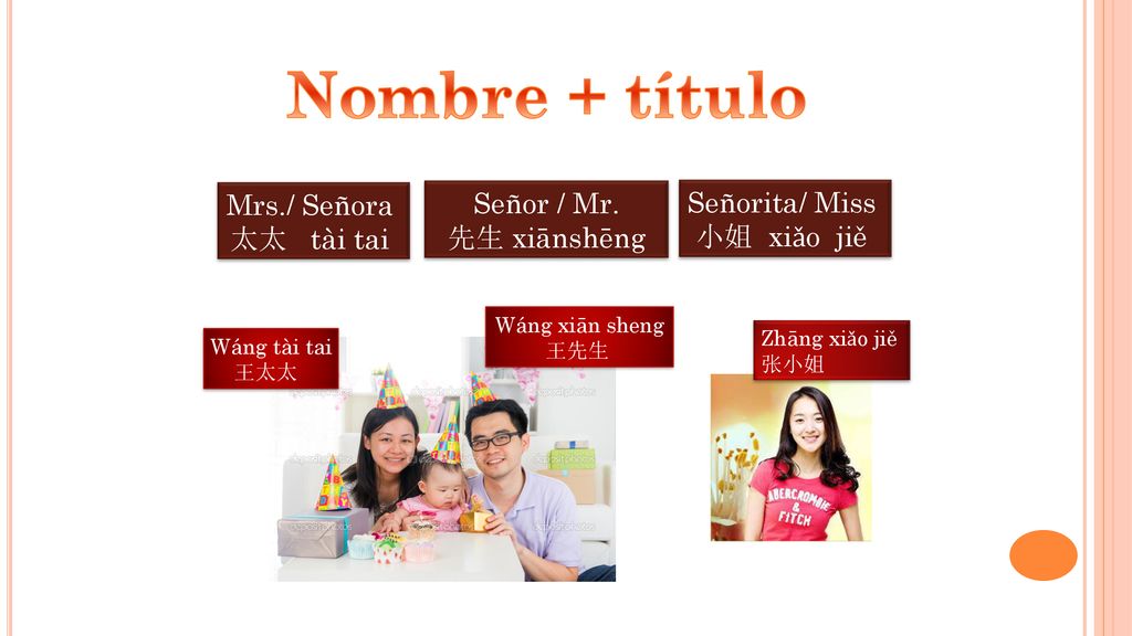 Nombre + título Mrs./ Señora 太太 tài tai Señor / Mr. 先生 xiānshēng