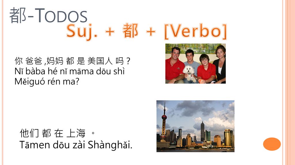 都-Todos Suj. + 都 + [Verbo] 他们 都 在 上海 。 Tāmen dōu zài Shànghǎi.