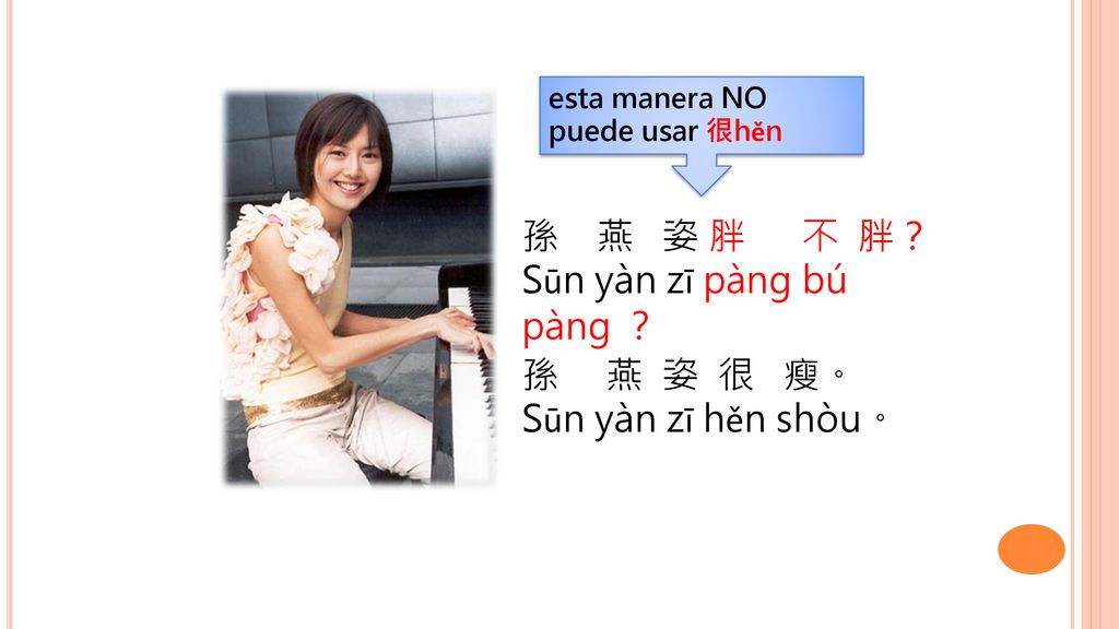 孫 燕 姿 胖 不 胖？ Sūn yàn zī pàng bú pàng ？ 孫 燕 姿 很 瘦。 Sūn yàn zī hěn shòu。