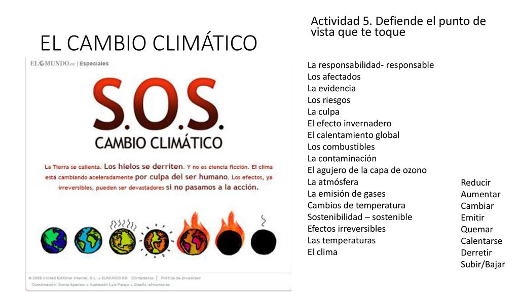 EL CAMBIO CLIMÁTICO Actividad 5. Defiende el punto de vista que te toque. La responsabilidad- responsable.