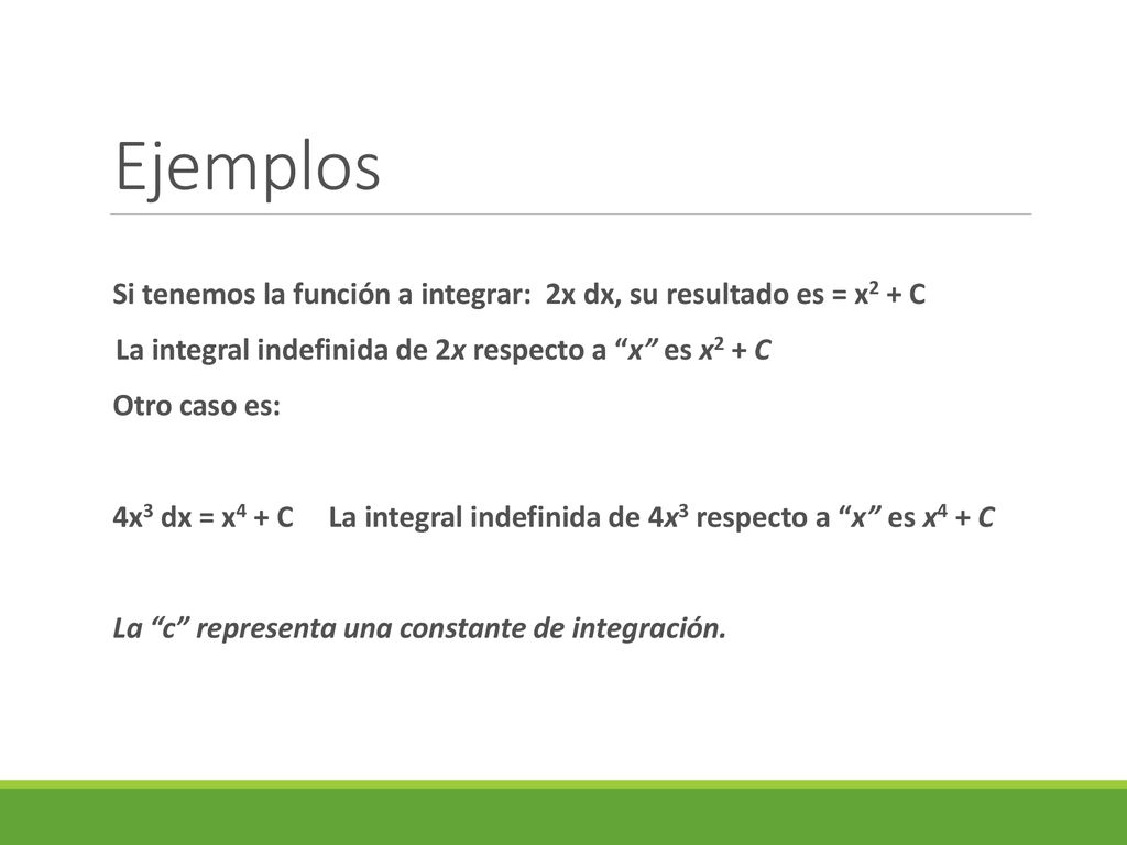 Ejemplos Si tenemos la función a integrar: 2x dx, su resultado es = x2 + C La integral indefinida de 2x respecto a x es x2 + C.