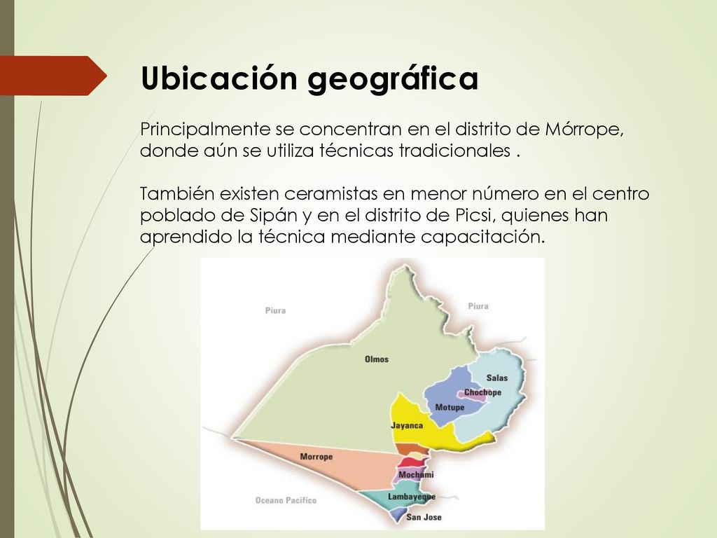 Ubicación geográfica Principalmente se concentran en el distrito de Mórrope, donde aún se utiliza técnicas tradicionales .
