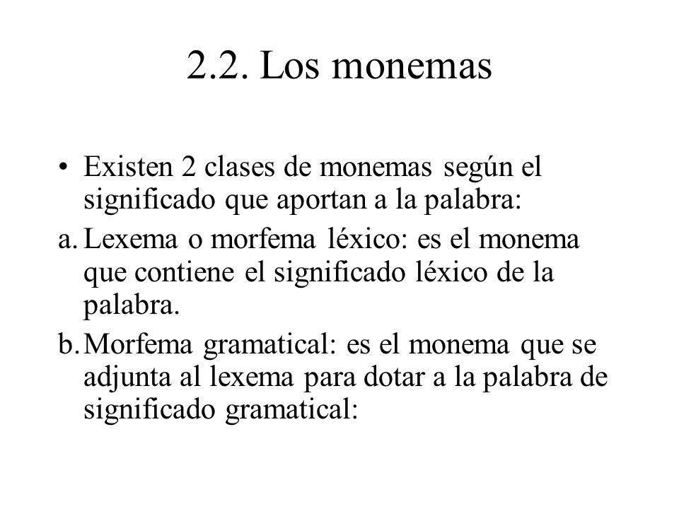2.2. Los monemas Existen 2 clases de monemas según el significado que aportan a la palabra: