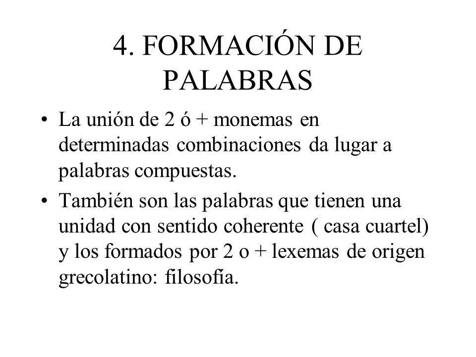 4. FORMACIÓN DE PALABRAS La unión de 2 ó + monemas en determinadas combinaciones da lugar a palabras compuestas.