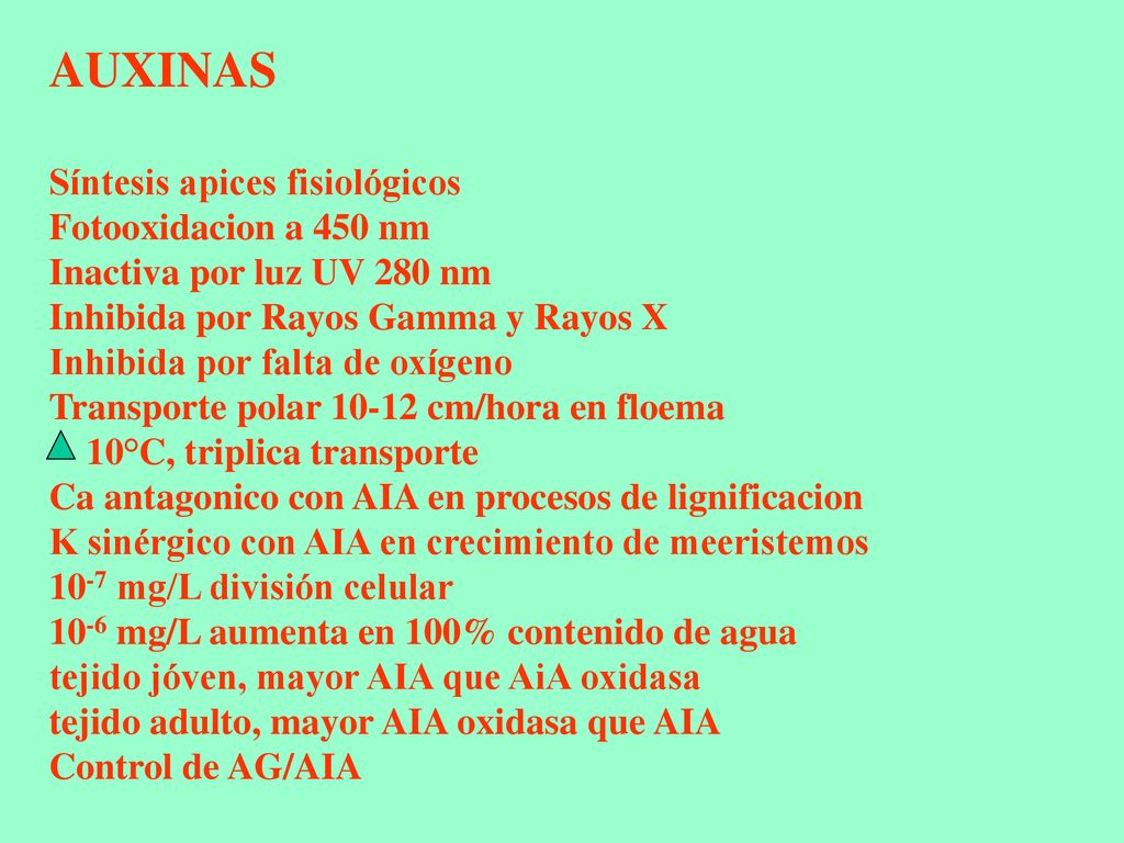 AUXINAS Síntesis apices fisiológicos Fotooxidacion a 450 nm Inactiva por luz UV 280 nm Inhibida por Rayos Gamma y Rayos X Inhibida por falta de oxígeno Transporte polar cm/hora en floema 10°C, triplica transporte Ca antagonico con AIA en procesos de lignificacion K sinérgico con AIA en crecimiento de meeristemos 10-7 mg/L división celular 10-6 mg/L aumenta en 100% contenido de agua tejido jóven, mayor AIA que AiA oxidasa tejido adulto, mayor AIA oxidasa que AIA Control de AG/AIA