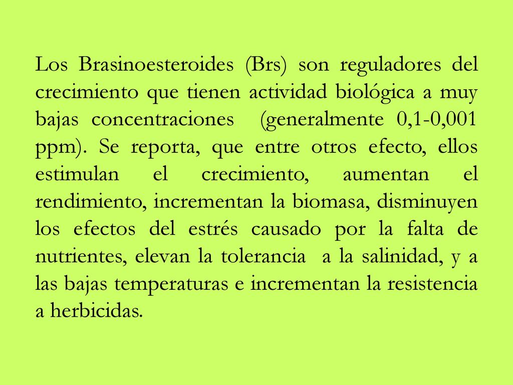 Los Brasinoesteroides (Brs) son reguladores del crecimiento que tienen actividad biológica a muy bajas concentraciones (generalmente 0,1-0,001 ppm).