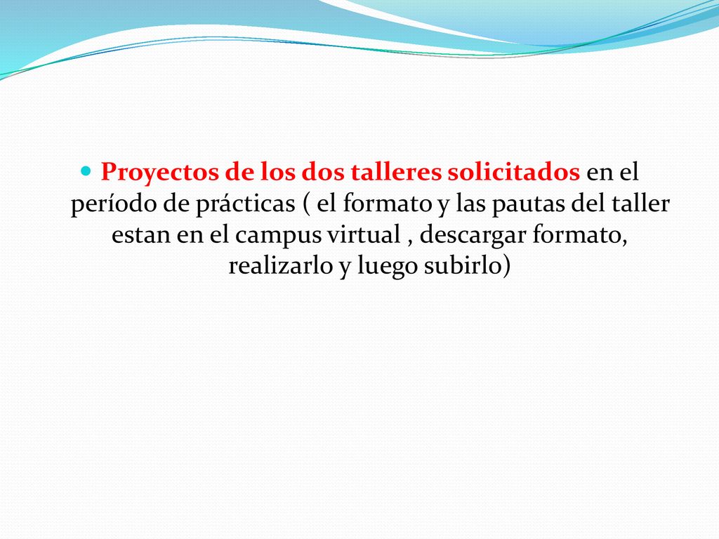 Proyectos de los dos talleres solicitados en el período de prácticas ( el formato y las pautas del taller estan en el campus virtual , descargar formato, realizarlo y luego subirlo)