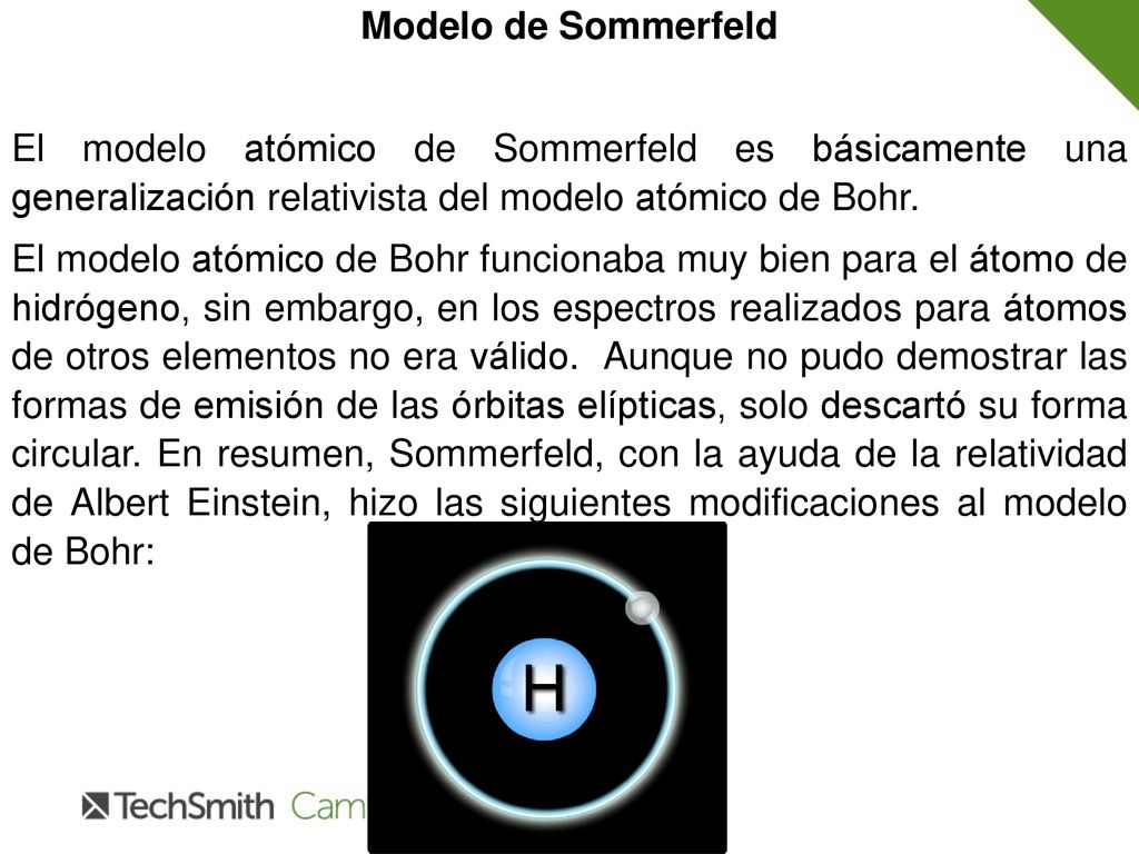 Modelo de Sommerfeld El modelo atómico de Sommerfeld es básicamente una generalización relativista del modelo atómico de Bohr.