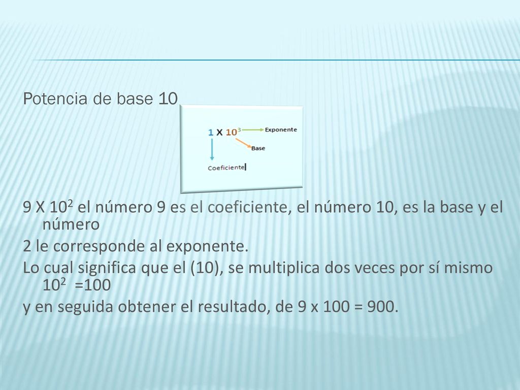Potencia de base 10 9 X 102 el número 9 es el coeficiente, el número 10, es la base y el número 2 le corresponde al exponente.