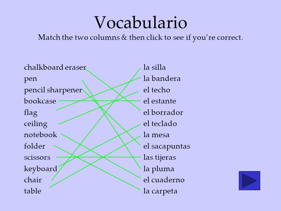 Vocabulario Match the two columns & then click to see if you’re correct.