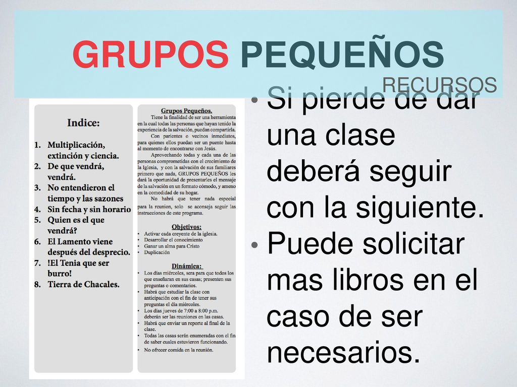 grupos pequeños recursos. Si pierde de dar una clase deberá seguir con la siguiente.