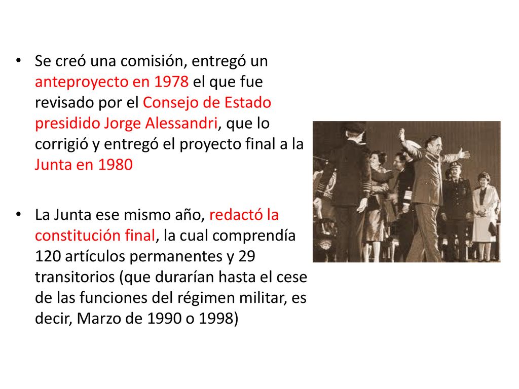 Se creó una comisión, entregó un anteproyecto en 1978 el que fue revisado por el Consejo de Estado presidido Jorge Alessandri, que lo corrigió y entregó el proyecto final a la Junta en 1980