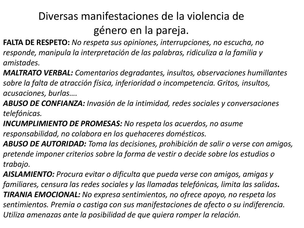 Diversas manifestaciones de la violencia de género en la pareja.