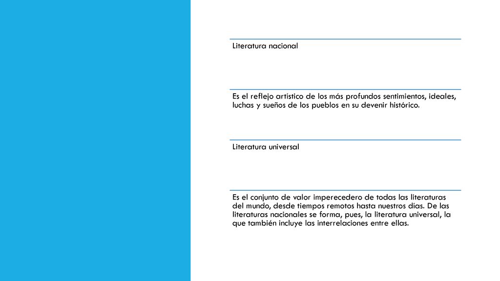Literatura nacional Es el reflejo artístico de los más profundos sentimientos, ideales, luchas y sueños de los pueblos en su devenir histórico.