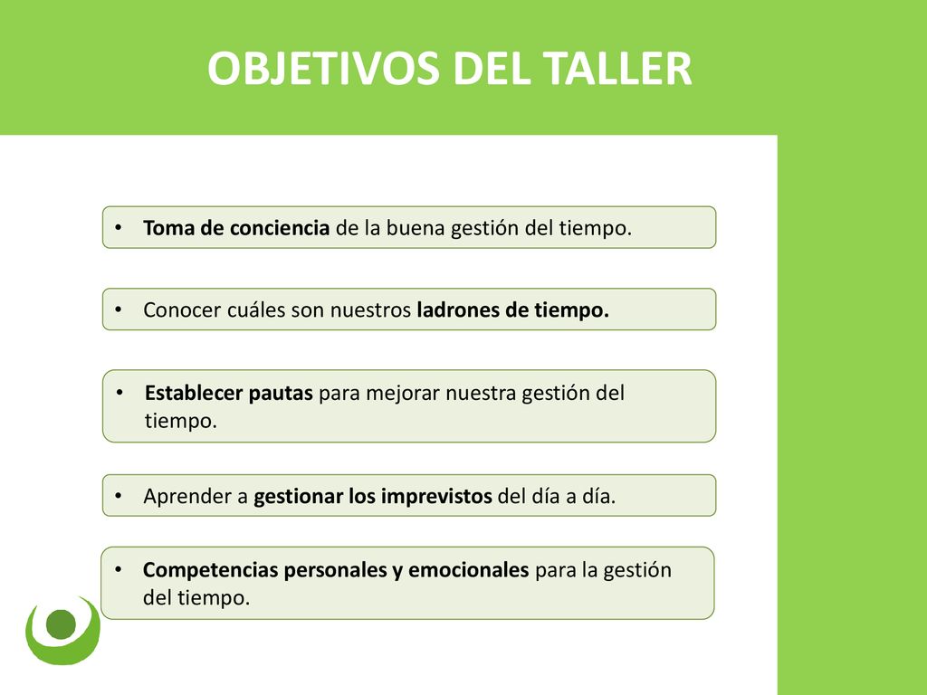 OBJETIVOS DEL TALLER Toma de conciencia de la buena gestión del tiempo. Conocer cuáles son nuestros ladrones de tiempo.