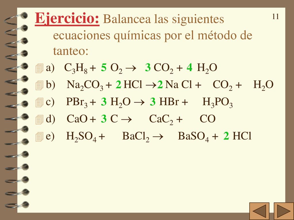 Ejercicio: Balancea las siguientes ecuaciones químicas por el método de tanteo: