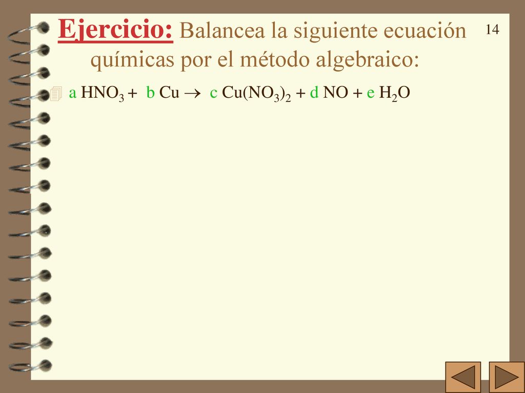 Ejercicio: Balancea la siguiente ecuación químicas por el método algebraico: