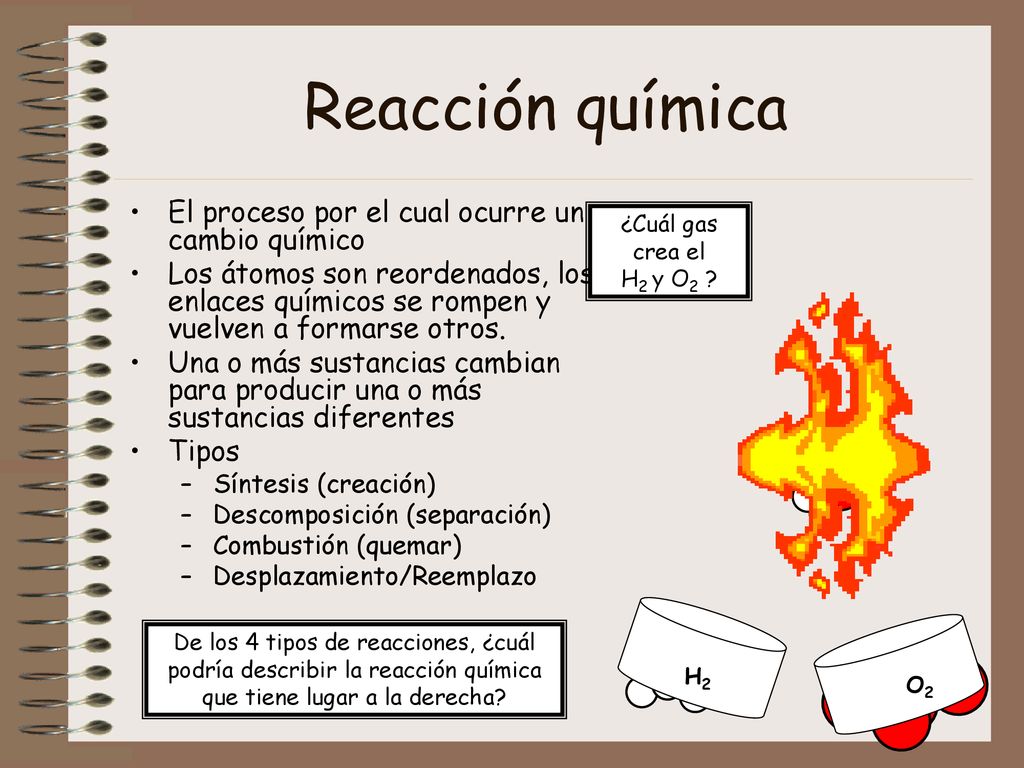 Reacción química El proceso por el cual ocurre un cambio químico