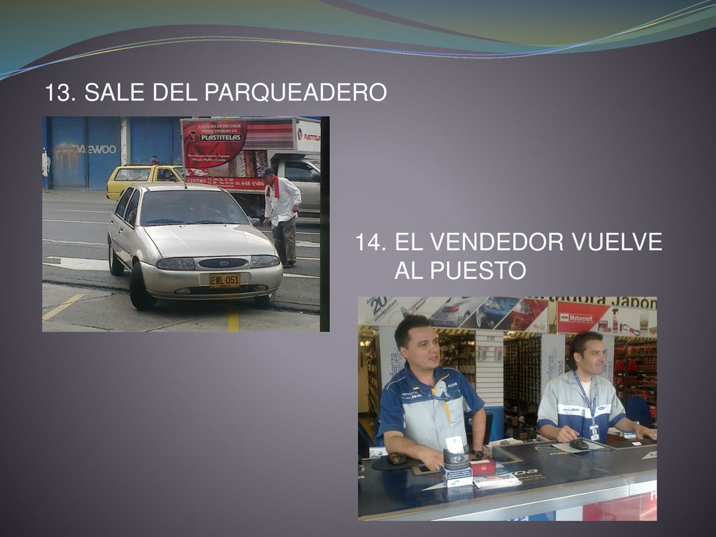 13. SALE DEL PARQUEADERO 14. EL VENDEDOR VUELVE AL PUESTO