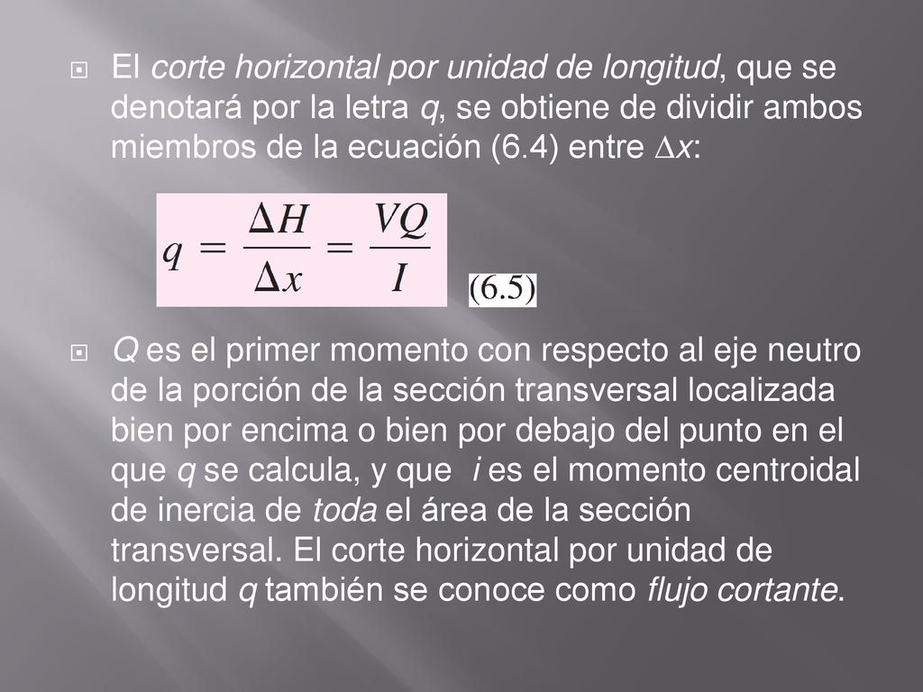 El corte horizontal por unidad de longitud, que se denotará por la letra q, se obtiene de dividir ambos miembros de la ecuación (6.4) entre x: