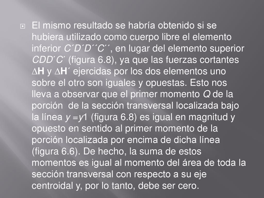 El mismo resultado se habría obtenido si se hubiera utilizado como cuerpo libre el elemento inferior C´D´D´´C´´, en lugar del elemento superior CDD´C´ (figura 6.8), ya que las fuerzas cortantes H y H´ ejercidas por los dos elementos uno sobre el otro son iguales y opuestas.