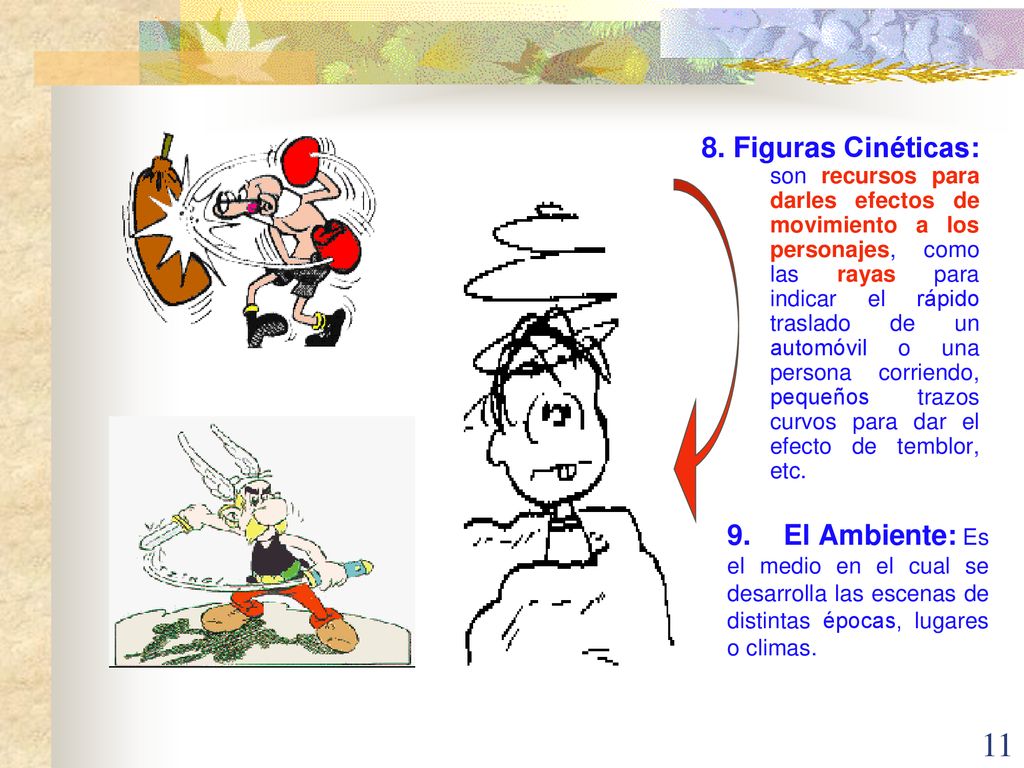 8. Figuras Cinéticas: son recursos para darles efectos de movimiento a los personajes, como las rayas para indicar el rápido traslado de un automóvil o una persona corriendo, pequeños trazos curvos para dar el efecto de temblor, etc.