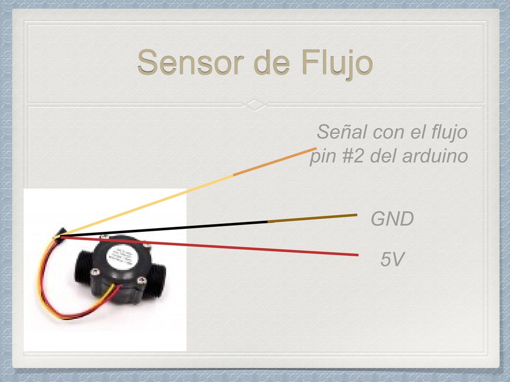 Sensor de Flujo Señal con el flujo pin #2 del arduino GND 5V