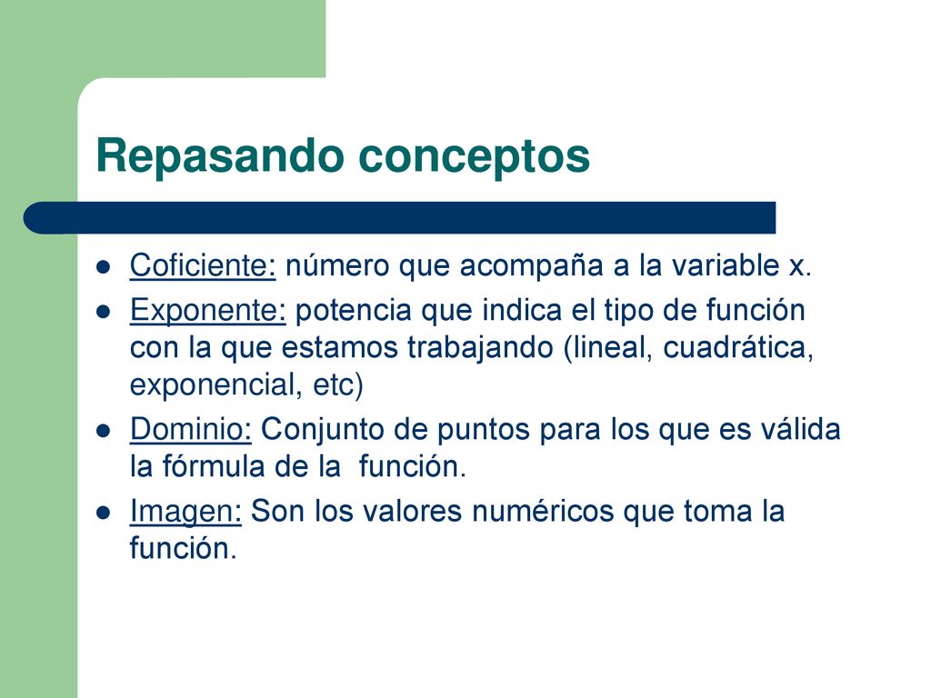 Repasando conceptos Coficiente: número que acompaña a la variable x.