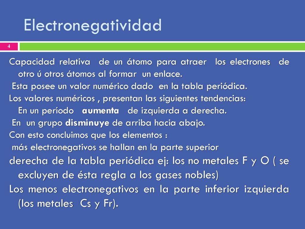 Electronegatividad Capacidad relativa de un átomo para atraer los electrones de otro ú otros átomos al formar un enlace.