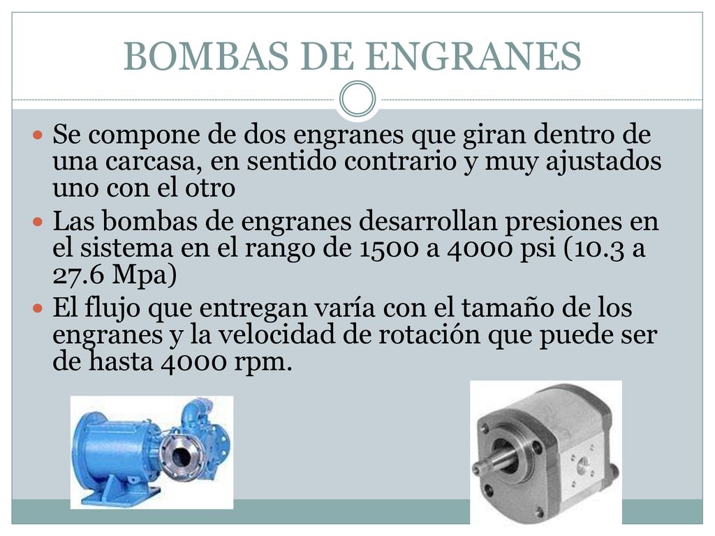 BOMBAS DE ENGRANES Se compone de dos engranes que giran dentro de una carcasa, en sentido contrario y muy ajustados uno con el otro.