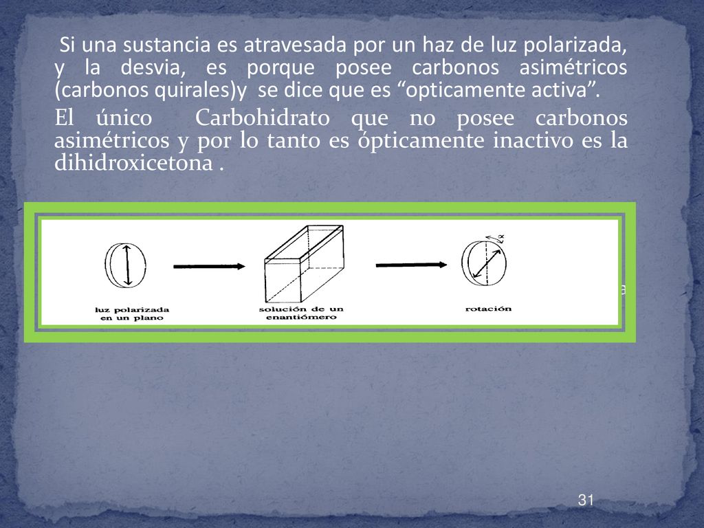 Si una sustancia es atravesada por un haz de luz polarizada, y la desvia, es porque posee carbonos asimétricos (carbonos quirales)y se dice que es opticamente activa .