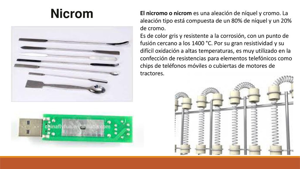 Nicrom El nicromo o nicrom es una aleación de níquel y cromo. La aleación tipo está compuesta de un 80% de níquel y un 20% de cromo.