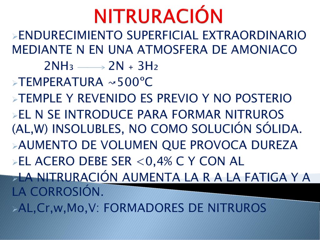 NITRURACIÓN ENDURECIMIENTO SUPERFICIAL EXTRAORDINARIO MEDIANTE N EN UNA ATMOSFERA DE AMONIACO. 2NH₃ 2N ₊ 3H₂.