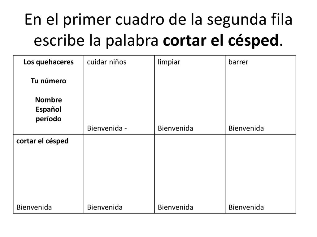 En el primer cuadro de la segunda fila escribe la palabra cortar el césped.