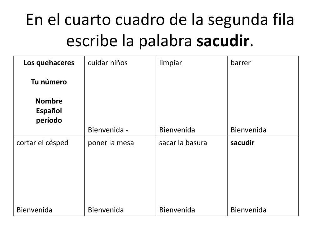 En el cuarto cuadro de la segunda fila escribe la palabra sacudir.