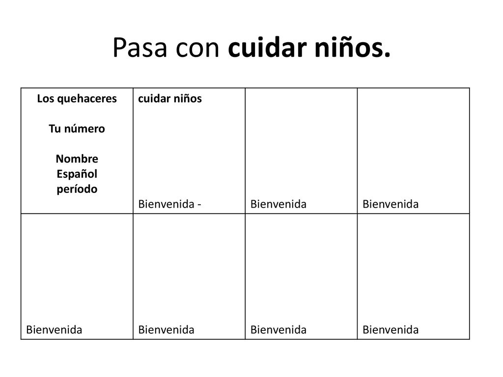Pasa con cuidar niños. Los quehaceres Tu número Nombre Español período