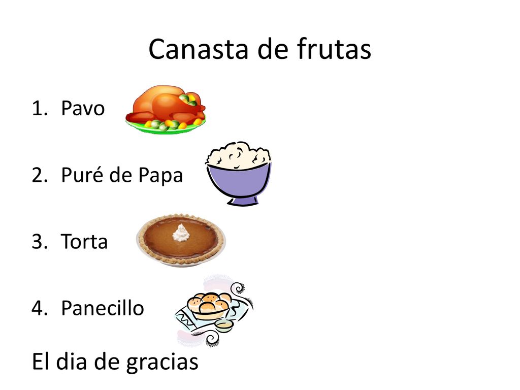 Canasta de frutas Pavo Puré de Papa Torta Panecillo El dia de gracias