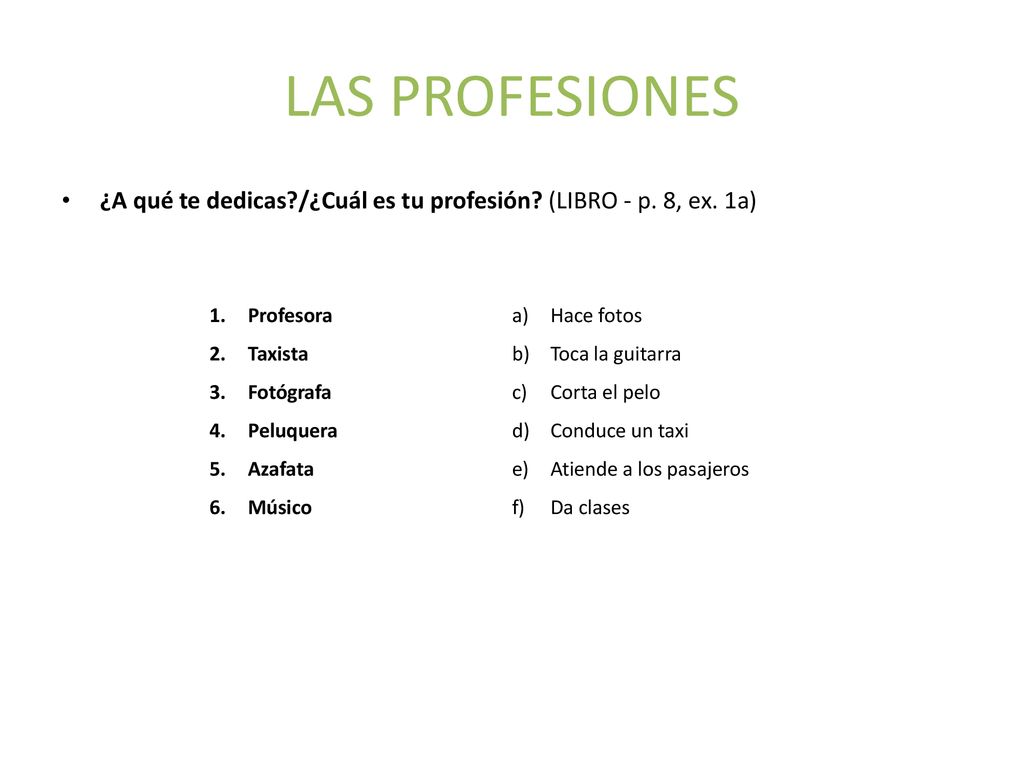LAS PROFESIONES ¿A qué te dedicas /¿Cuál es tu profesión (LIBRO - p. 8, ex. 1a) Profesora. Taxista.