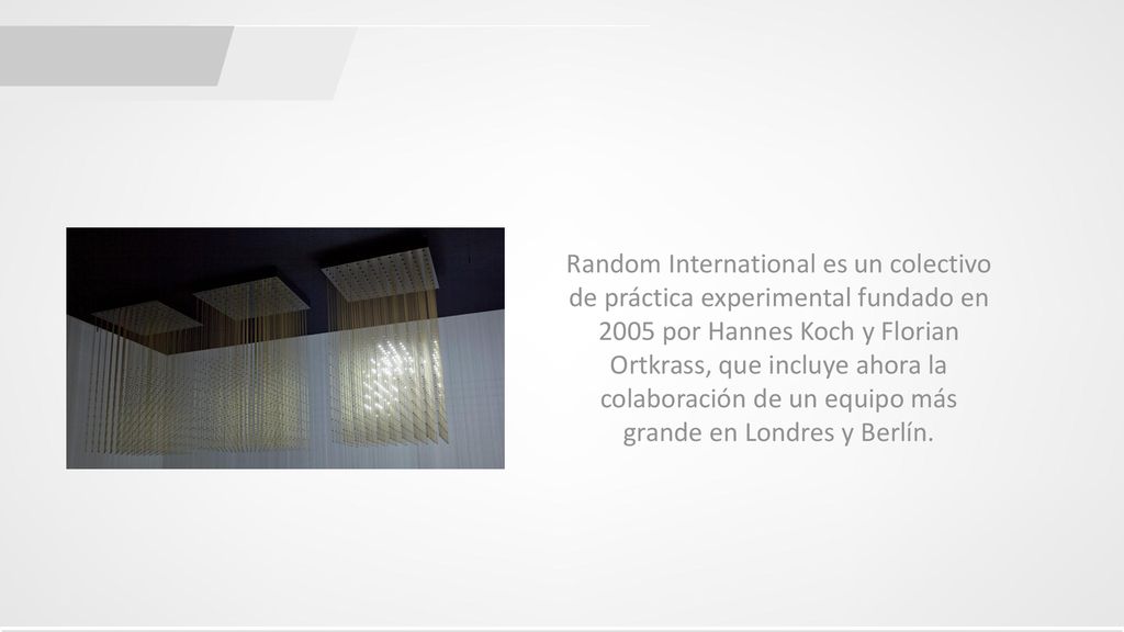 Random International es un colectivo de práctica experimental fundado en 2005 por Hannes Koch y Florian Ortkrass, que incluye ahora la colaboración de un equipo más grande en Londres y Berlín.