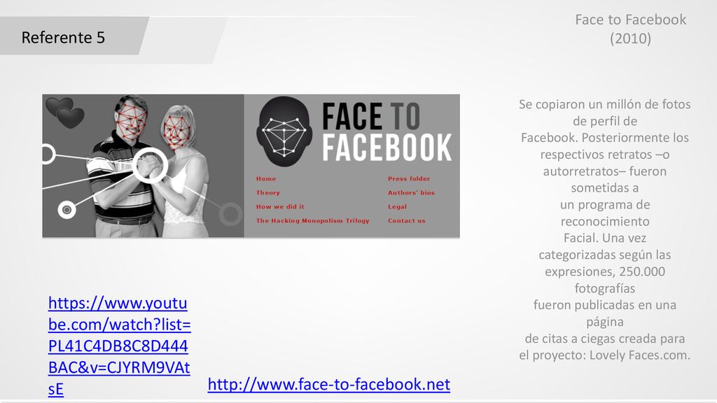 Face to Facebook (2010) Referente 5. Se copiaron un millón de fotos de perfil de. Facebook. Posteriormente los.